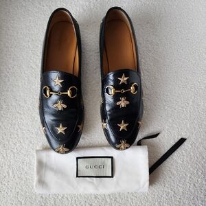 Gucci Bee & Star Embroidered Horsebit Jordaan Loafers Black & Gold